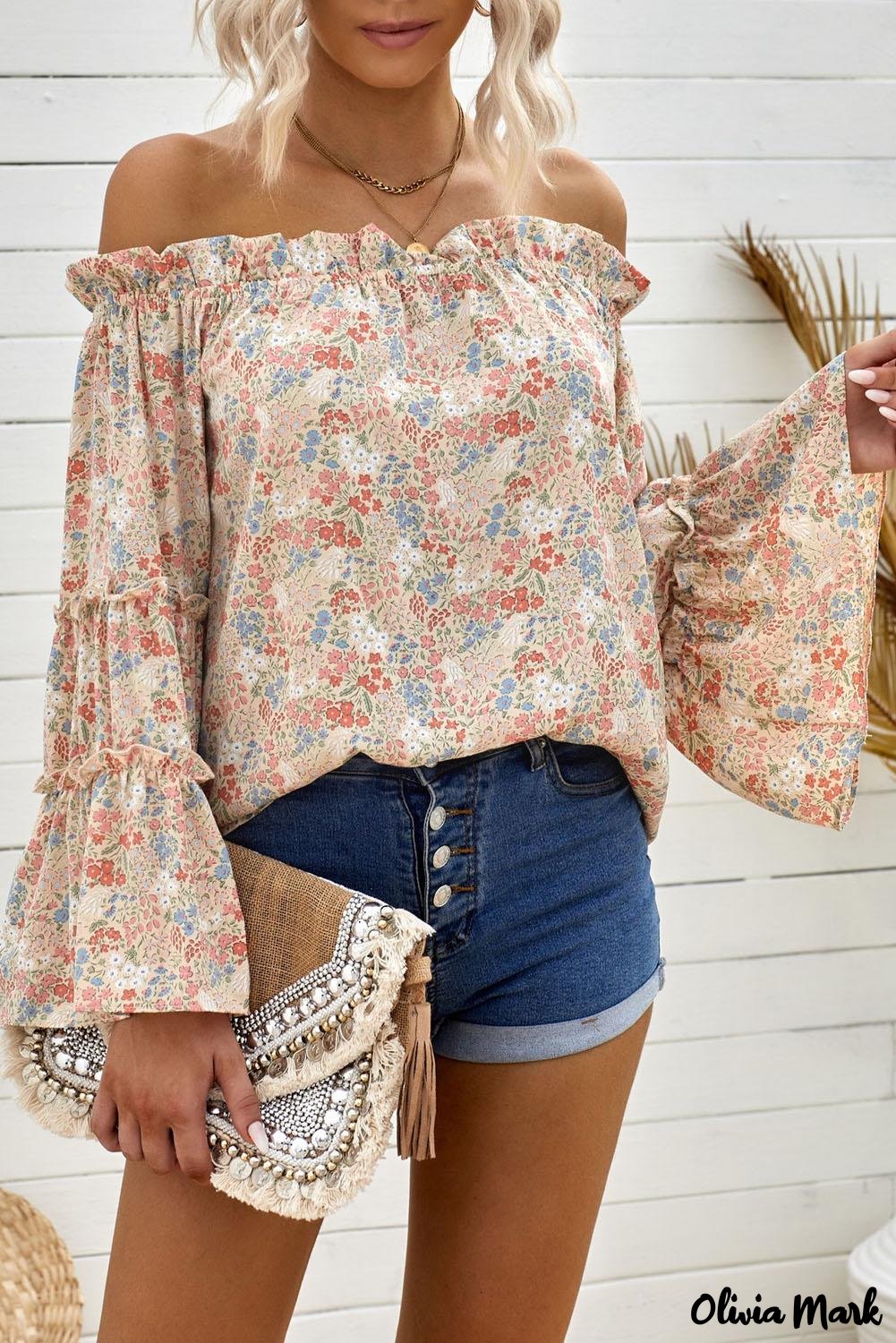 Deanwangkt - Off The Shoulder Floral Print Ruffled Bell Sleeve Blouse - Deanwangkt