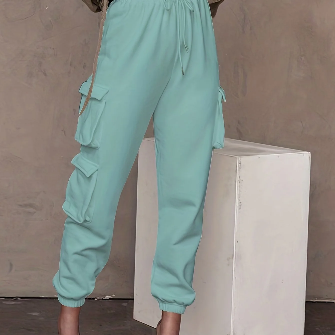 deanwangkt-1  Drawstring Baggy Cargo Pants, Casual High Waist Flap Pockets Pants, Women's Clothing - Deanwangkt