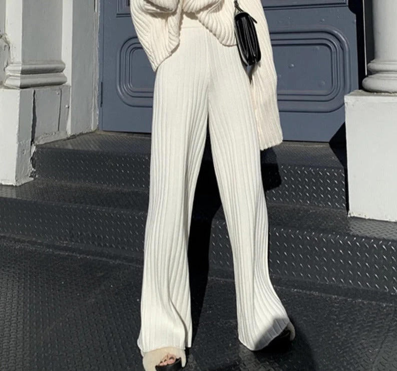 Christmas Gift  Casual Warm Loose Floor-length Sweater Pants for Women Autumn Winter High Waist Wide Leg Knitted Trousers Femme Deanwangkt - Deanwangkt