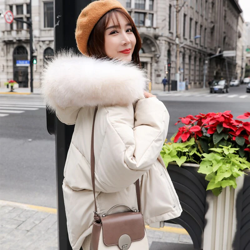 Black Friday Sales New Winter Warm 90% White Duck Down Parka Women Large Natural Fur Collar Hooded Short Jacket Coat Loose Outwear - Deanwangkt