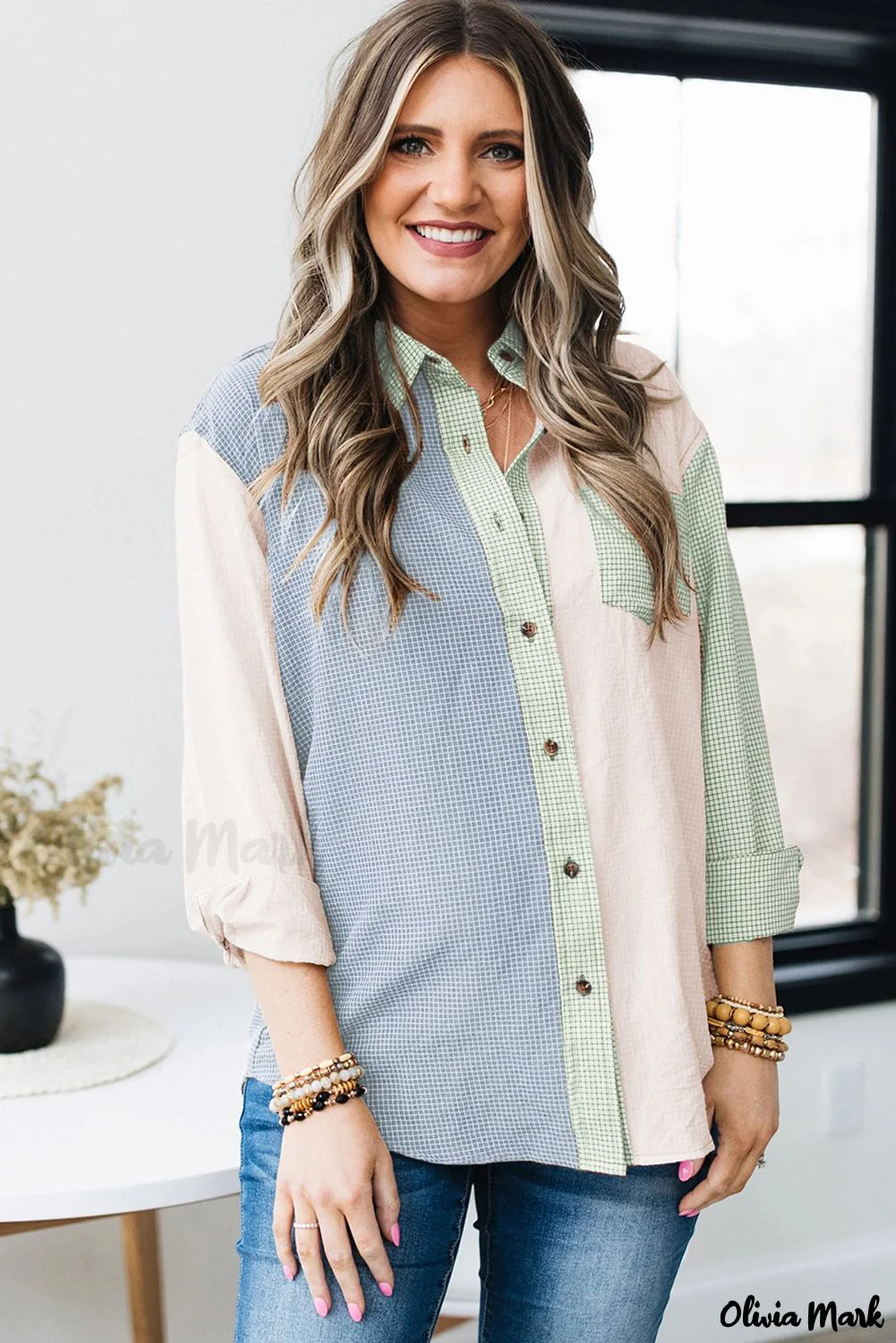 Deanwangkt - Green Plaid Color Block Long Sleeve Shirt - Deanwangkt