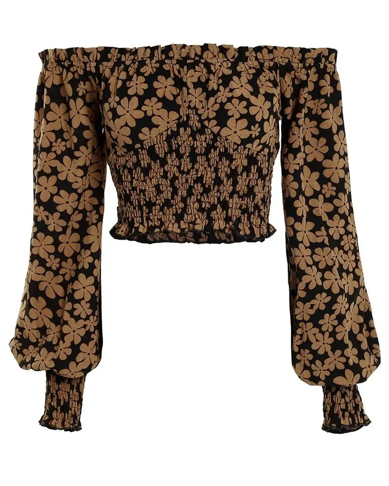 Deanwangkt - Ruched Floral Print Frill Hem Top - Deanwangkt