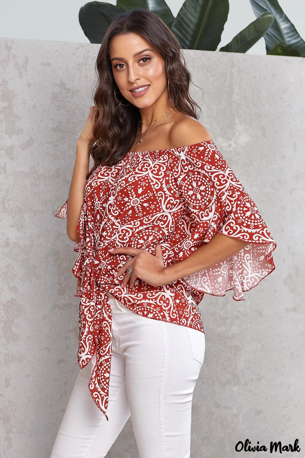 Deanwangkt - Bohemian red blouse with floral print and bare shoulders - Deanwangkt