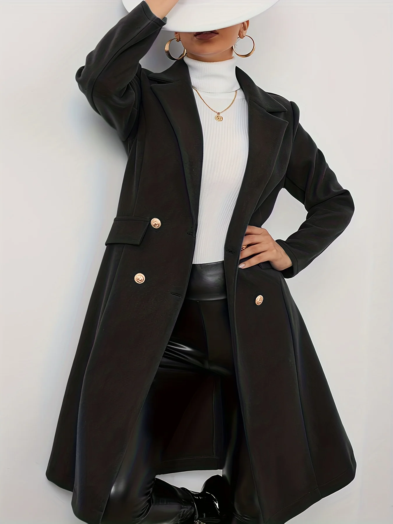 deanwangkt-1  Solid Double Breasted Lapel Overcoat, Versatile Long Sleeve Thermal Coat For Winter, Women's Clothing - Deanwangkt