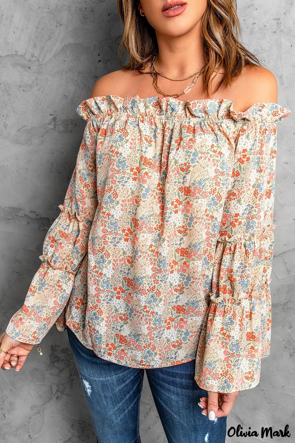 Deanwangkt - Off The Shoulder Floral Print Ruffled Bell Sleeve Blouse - Deanwangkt