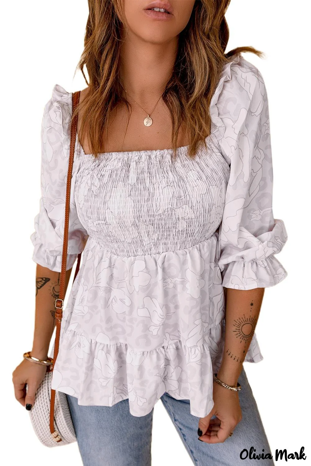 Deanwangkt - Floral Leopard Smocked Square Neck Peplum Top - Deanwangkt