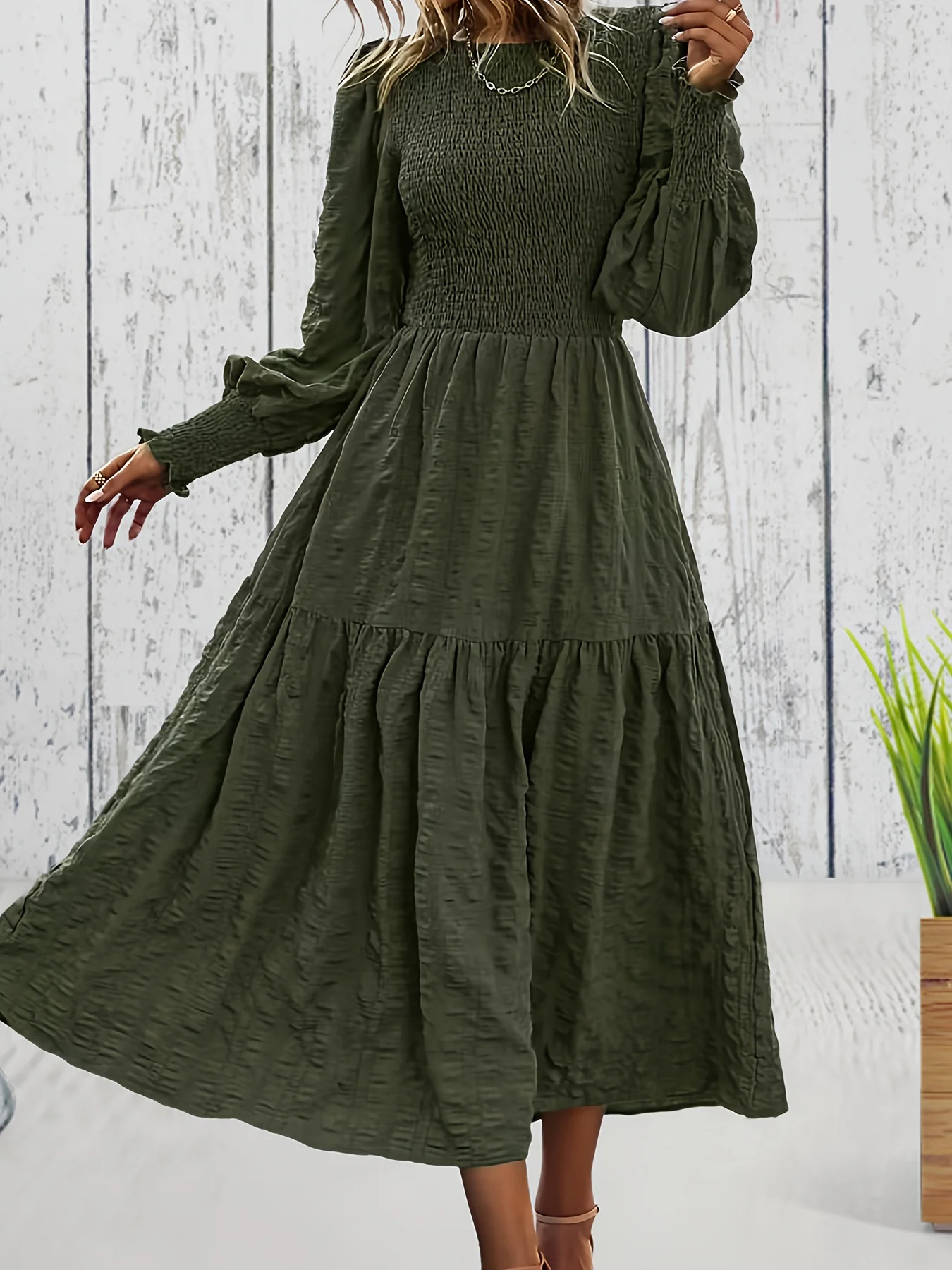 deanwangkt-1  Textured Shirred Dress, Elegant Long Sleeve Tiered Dress, Women's Clothing - Deanwangkt