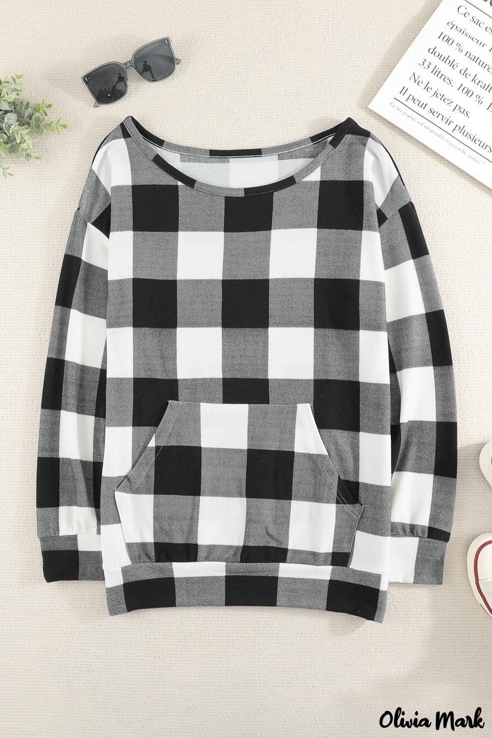 Deanwangkt - Plaid Kangaroo Pocket Long Sleeve Blouse - Deanwangkt
