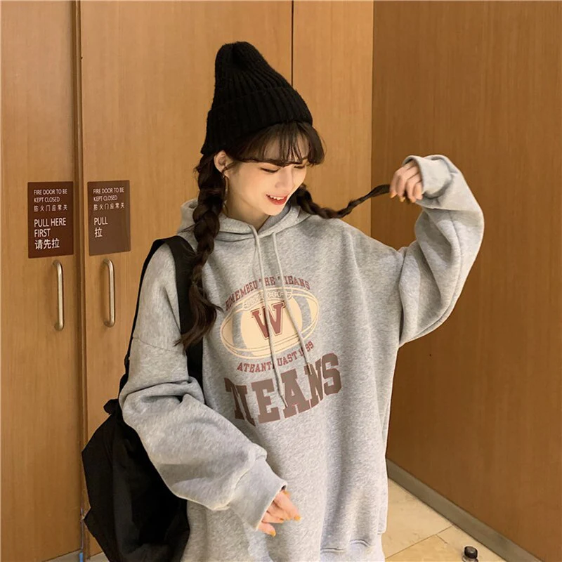 Black Friday Sales Women's Hooded Sweater Retro Trend Loose Lazy Letter Print Y2K Autumn And Winter All-Match Top Plus Fleece Pullover - Deanwangkt