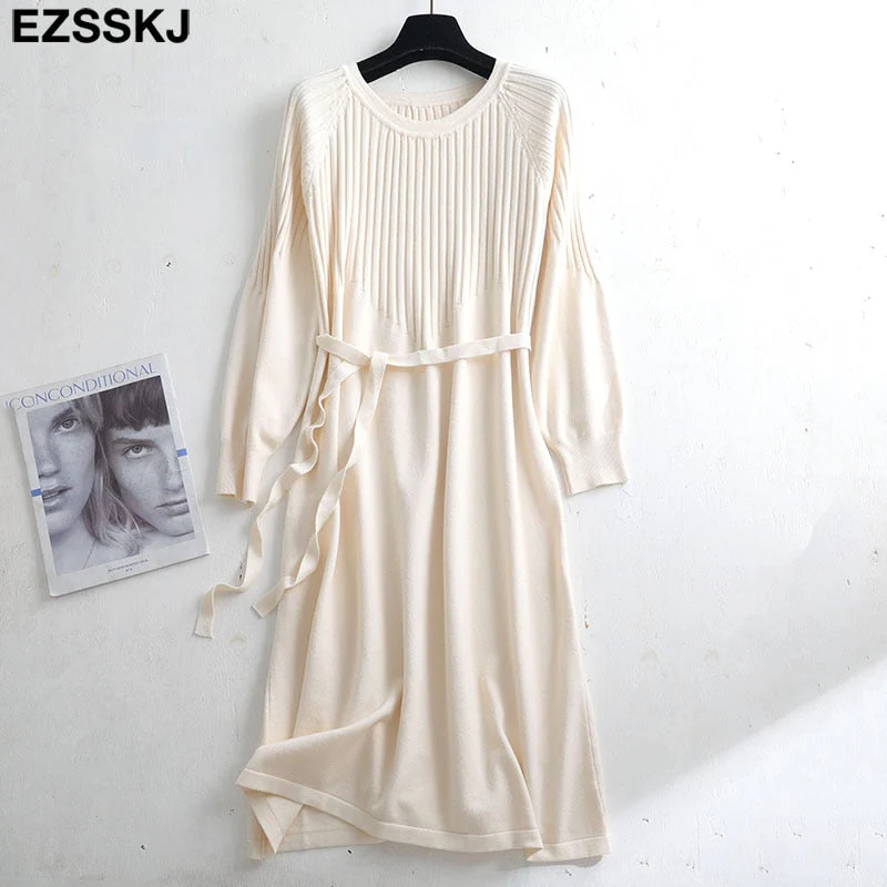 Christmas Gift Deanwangkt autumn winter o-neck midi sweater dress women A-Line midi sweater dress with belt elegant a-line solid loose dress - Deanwangkt