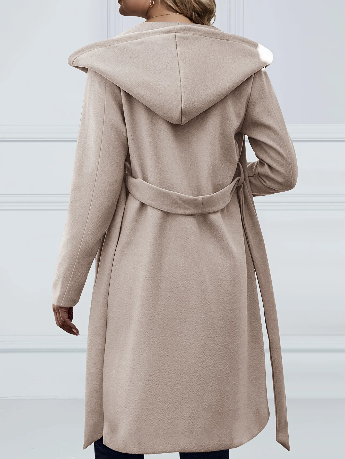 deanwangkt-1  Plus Size Elegant Coat, Women's Plus Solid Long Sleeve Open Front Hooded Belted Longline Woolen Coat With Pockets - Deanwangkt