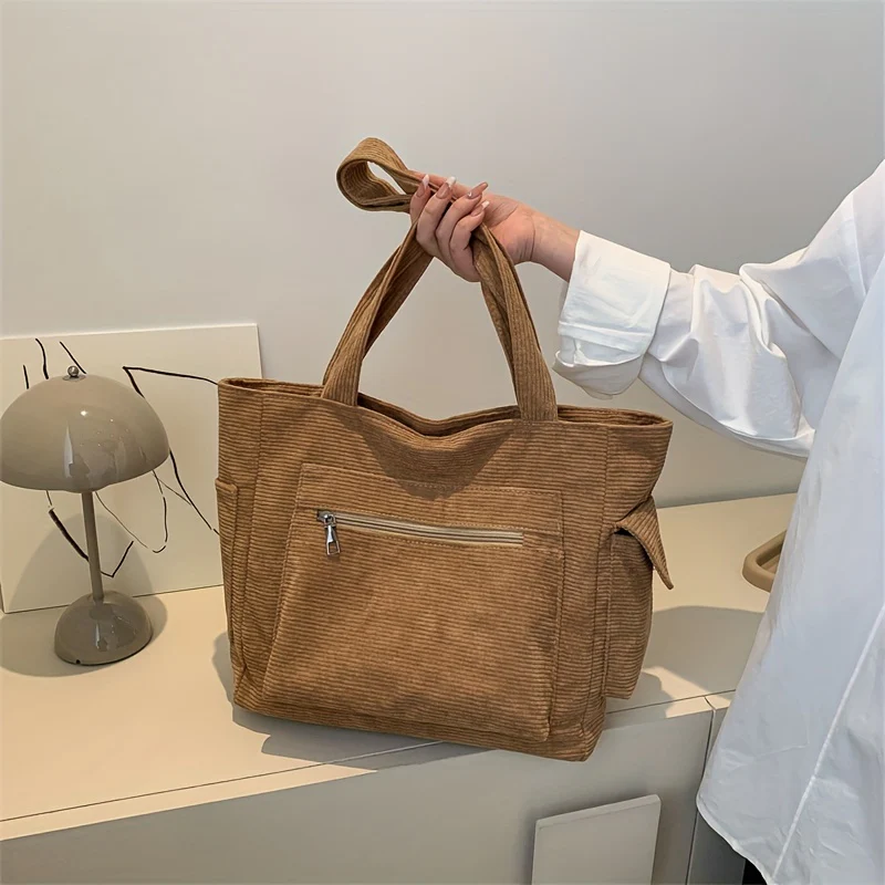 deanwangkt  Large Capacity Corduroy Tote Bag, Minimalist All-Match Handbag, Daily Use Bag For Students, Office Shoulder Bag - Deanwangkt