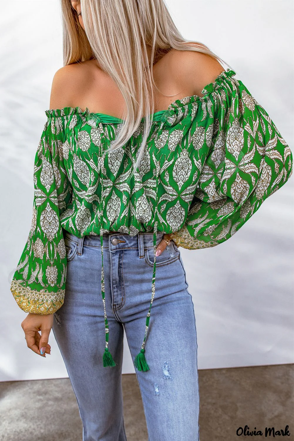 Deanwangkt - Green Floral Print Tie Shoulder Blouse - Deanwangkt