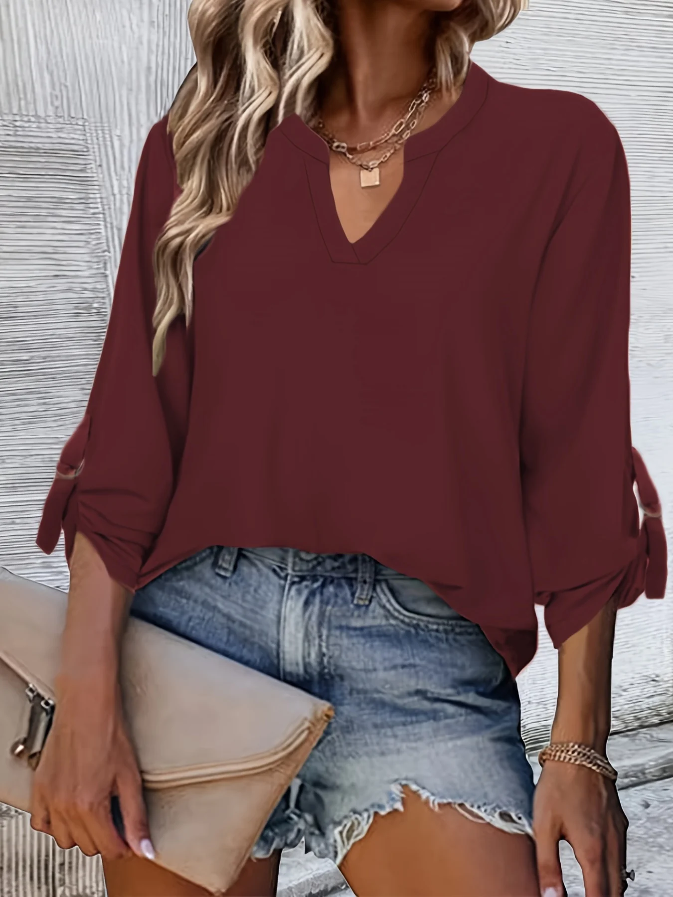 Solid Long Sleeve Blouse, V Neck Casual Every Day Top For Summer & Spring, Women's Clothing - Deanwangkt
