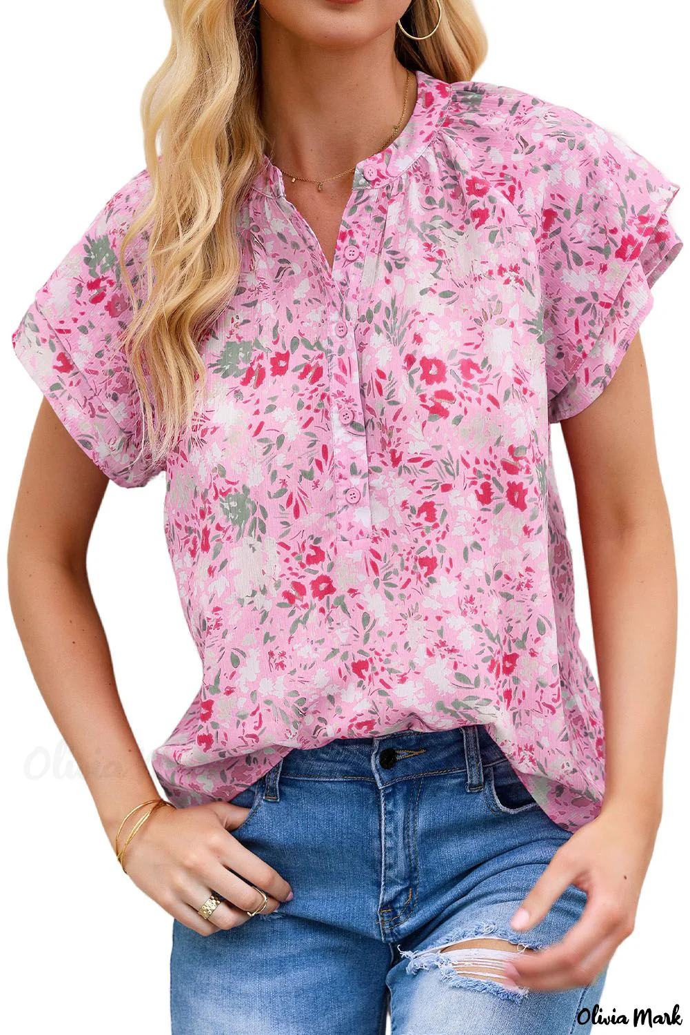 Deanwangkt - Floral Tie Neck Long Sleeve Crinkle Blouse - Deanwangkt