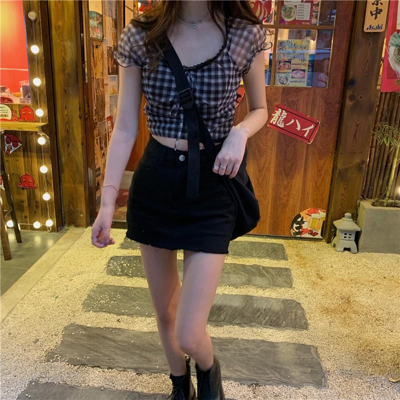 Christmas Gift Deanwangkt Summer New Plaid Tshirts Women Retro Square Collar Shirt Casual Lace Tees Puff Sleeve Crop Tops Female Korean Fashion - Deanwangkt
