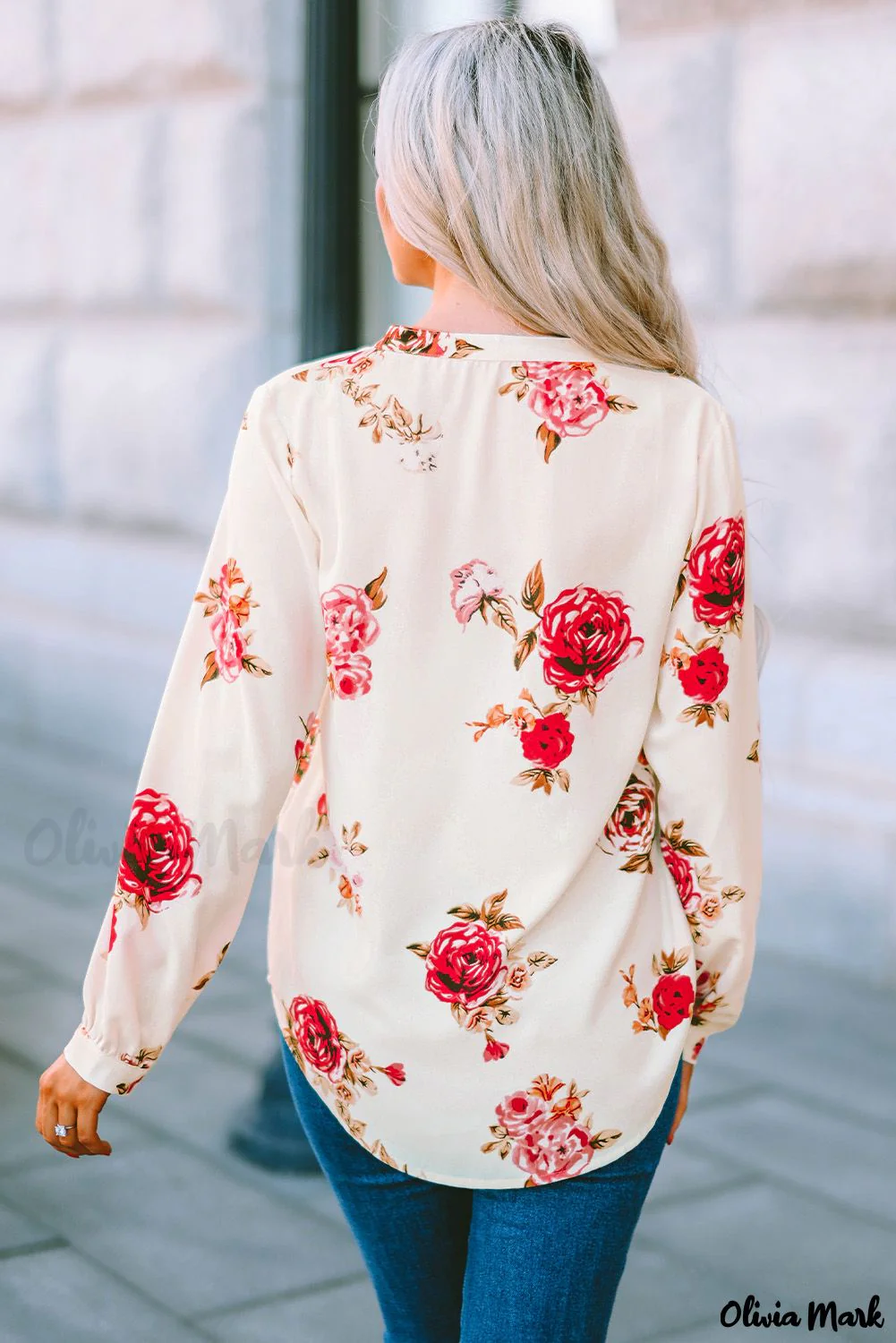Deanwangkt - Beige Floral Print V-Neck Button Down Blouse - Deanwangkt