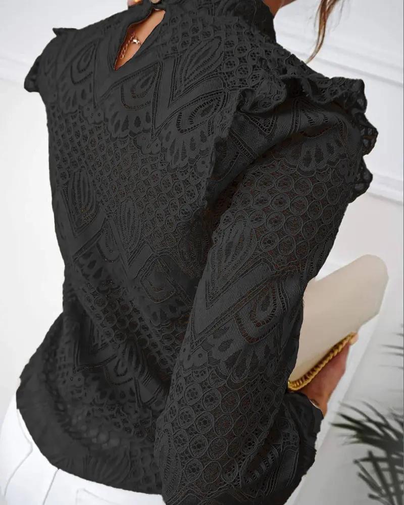 Deanwangkt - Hollow Out Ruffled Lace Long Sleeve Top - Deanwangkt