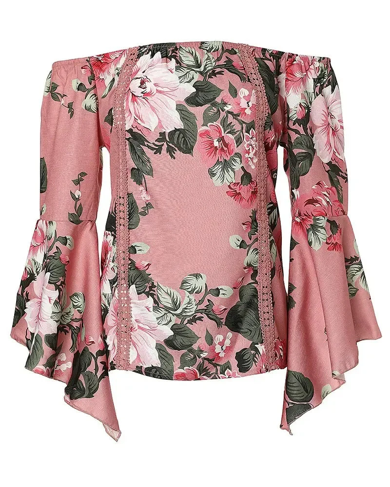 Deanwangkt - Off-the-Shoulder Floral Print Bell-Sleeve Top - Deanwangkt