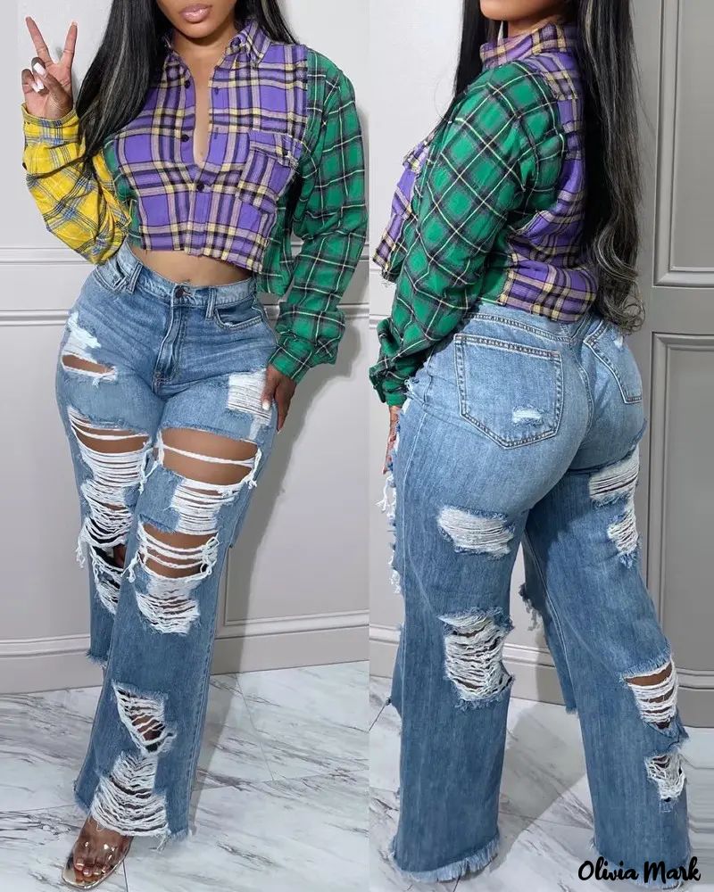 Deanwangkt - Color Block Check Print Long Sleeve Crop Top - Deanwangkt