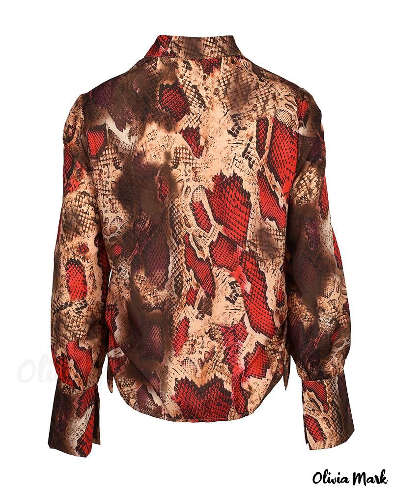 Deanwangkt - Snake Skin Pattern Cowl Neck Long Sleeve Blouse - Deanwangkt
