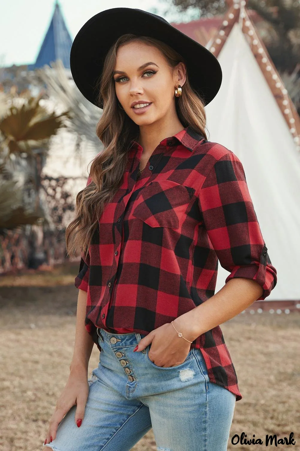 Deanwangkt - Red Buffalo Plaid Blouse with Button Pocket - Deanwangkt