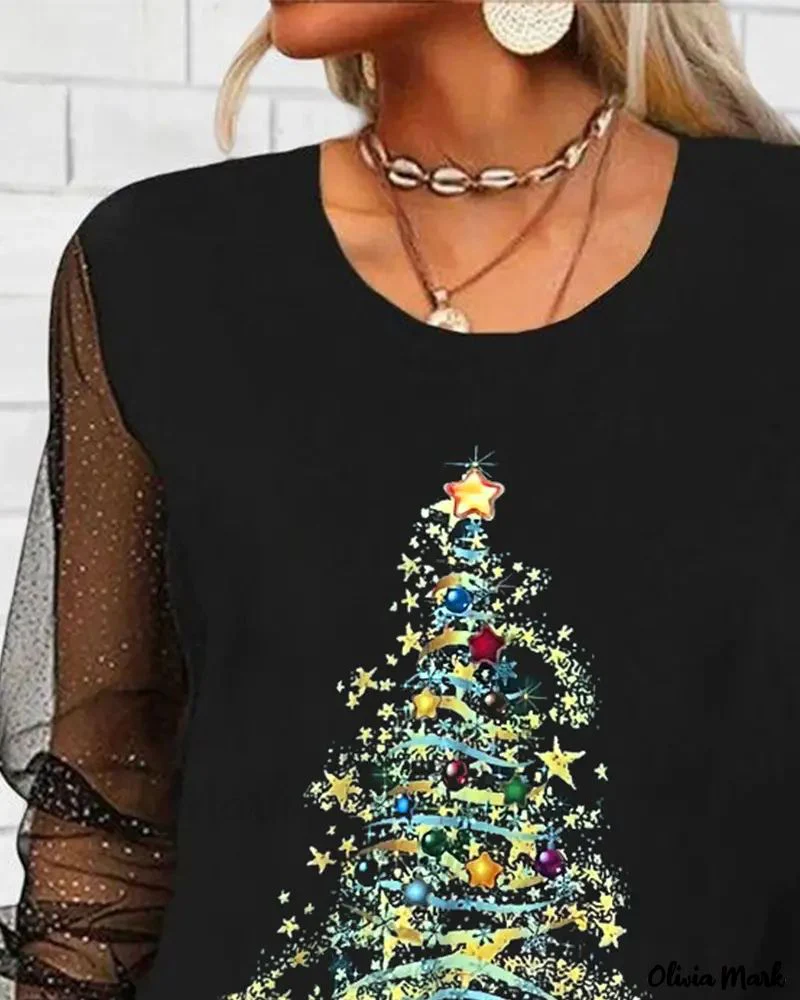Deanwangkt - Christmas Tree Print Sheer Mesh Long Sleeve Top - Deanwangkt