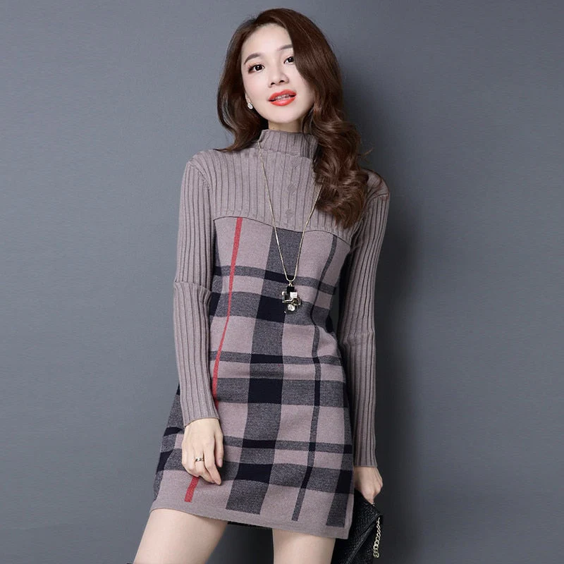 Christmas Gift Deanwangkt New Women Autumn Winter Dress Turtleneck Long Sleeve Plaid Knitted Sweater Dress Female Loose  Sweaters Pullovers Dress 315 - Deanwangkt