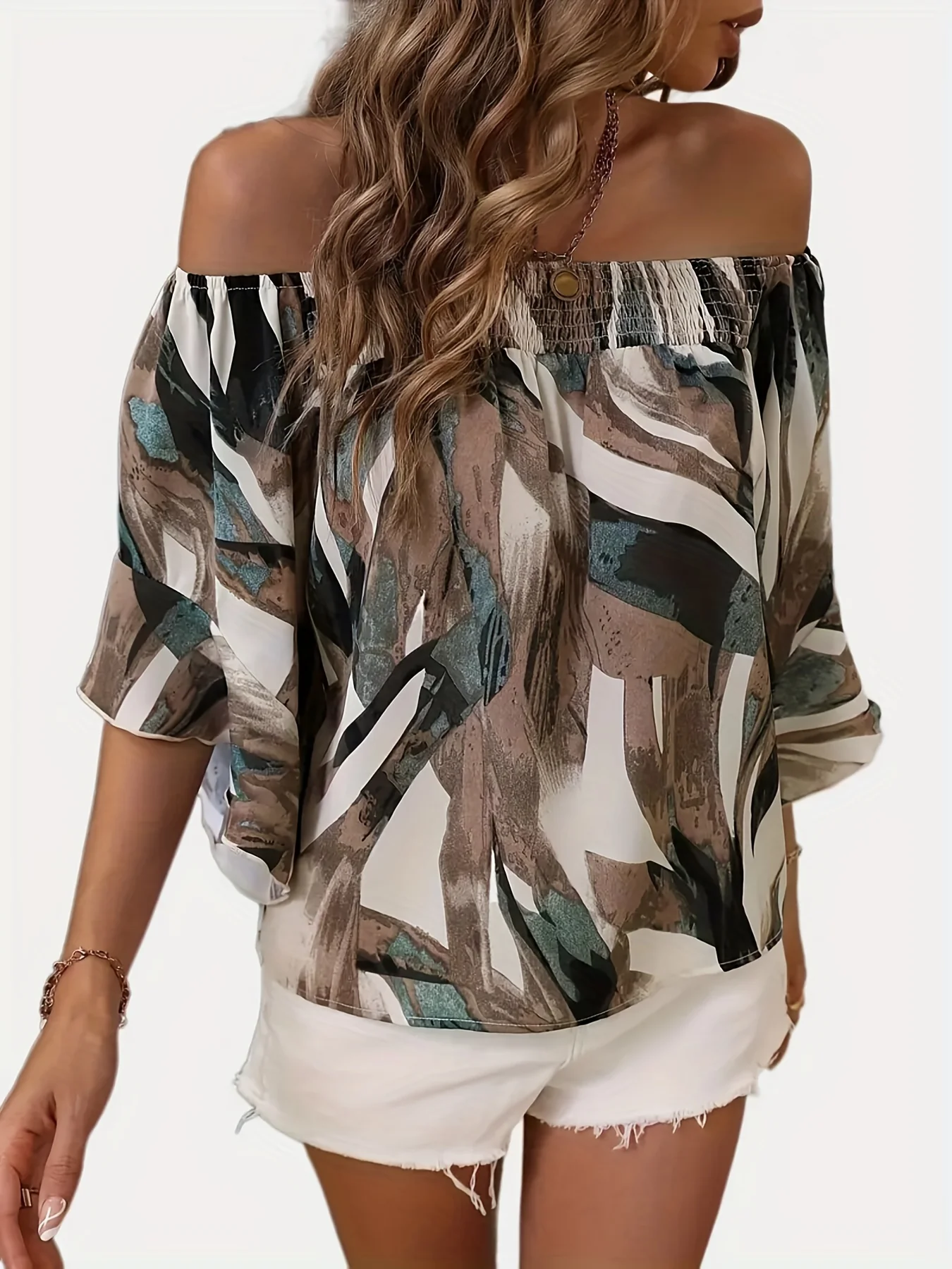 Allover Print Off Shoulder Blouse, Casual Blouse For Spring & Summer, Women's Clothing - Deanwangkt