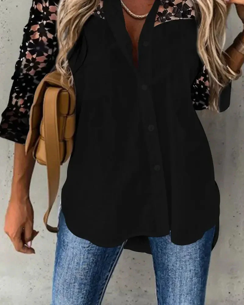 Deanwangkt - Contrast Lace Long Sleeve Button Down Shirt - Deanwangkt