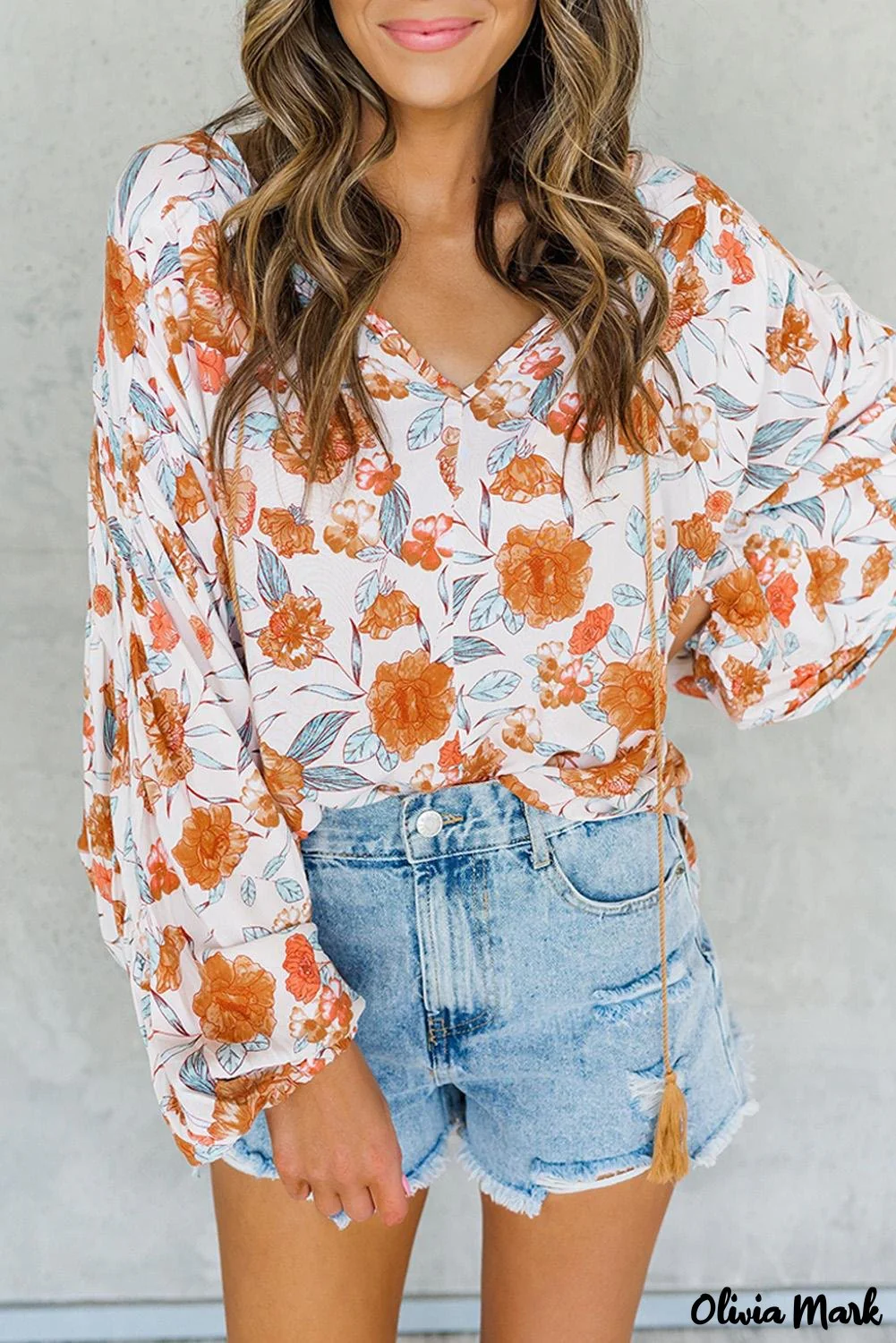 Deanwangkt - Orange Floral Print V-Neck Slit Dolman Blouse - Deanwangkt