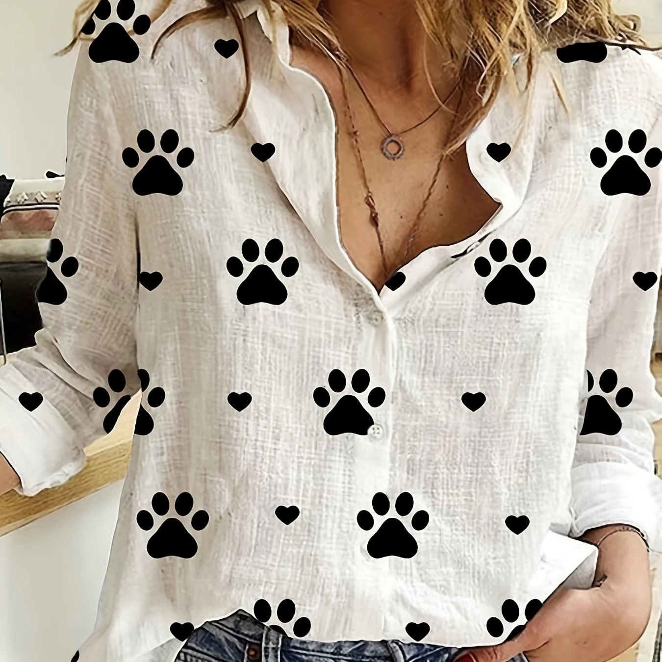Paw Print Button Front Shirt, Casual Long Sleeve Shirt For Spring & Fall, Women's Clothing - Deanwangkt