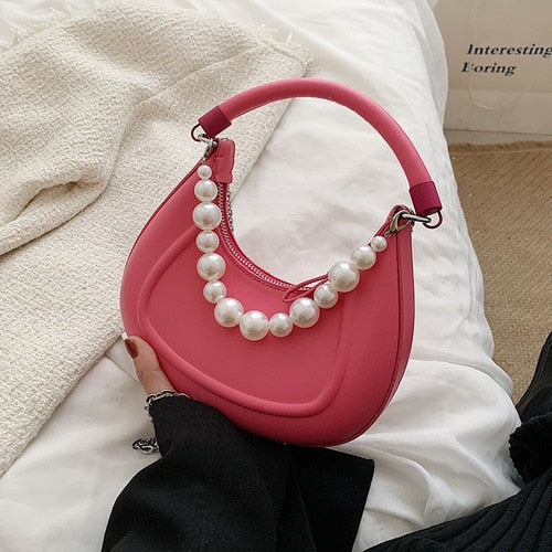 Back To College Deanwangkt Kawaii Tote PU Leather Half Moon Armpit Bag With Pearl Short Handle Women's Designer Handbag Luxury Shoulder Crossbody Bag - Deanwangkt