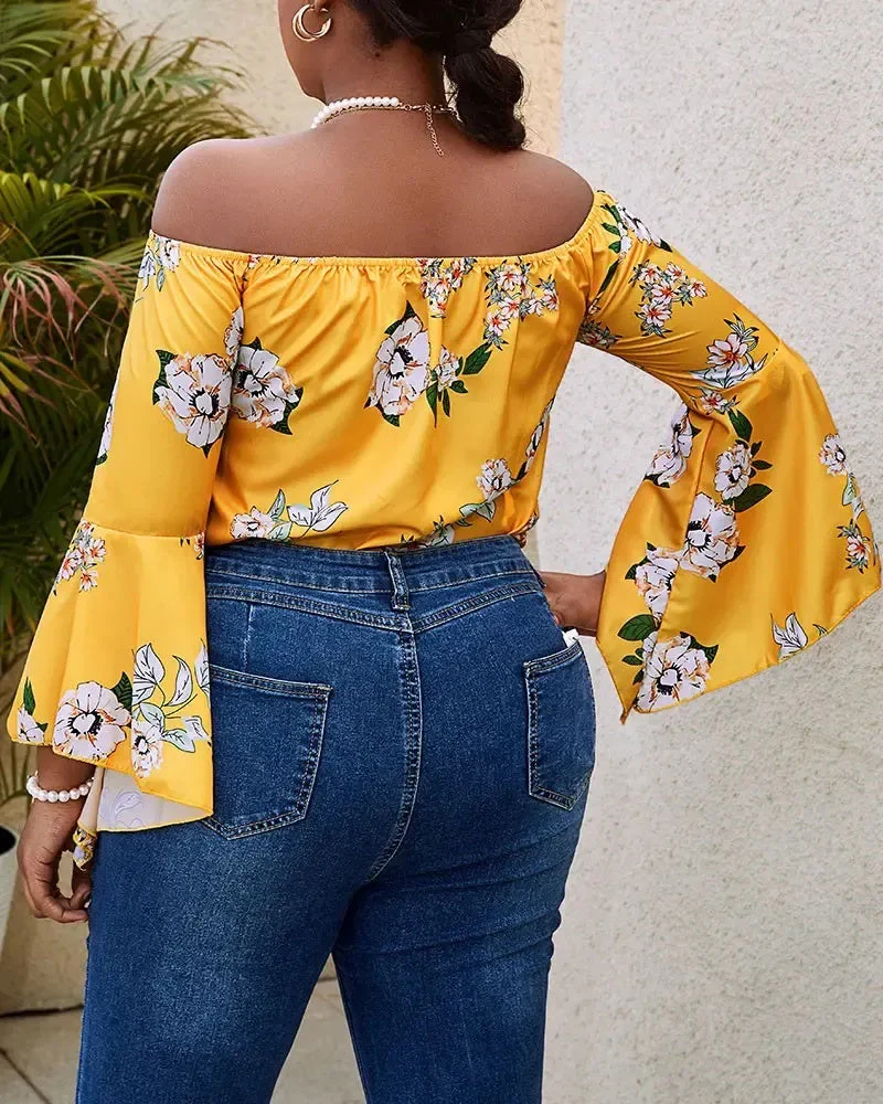 Deanwangkt - Off-the-Shoulder Floral Print Bell-Sleeve Top - Deanwangkt