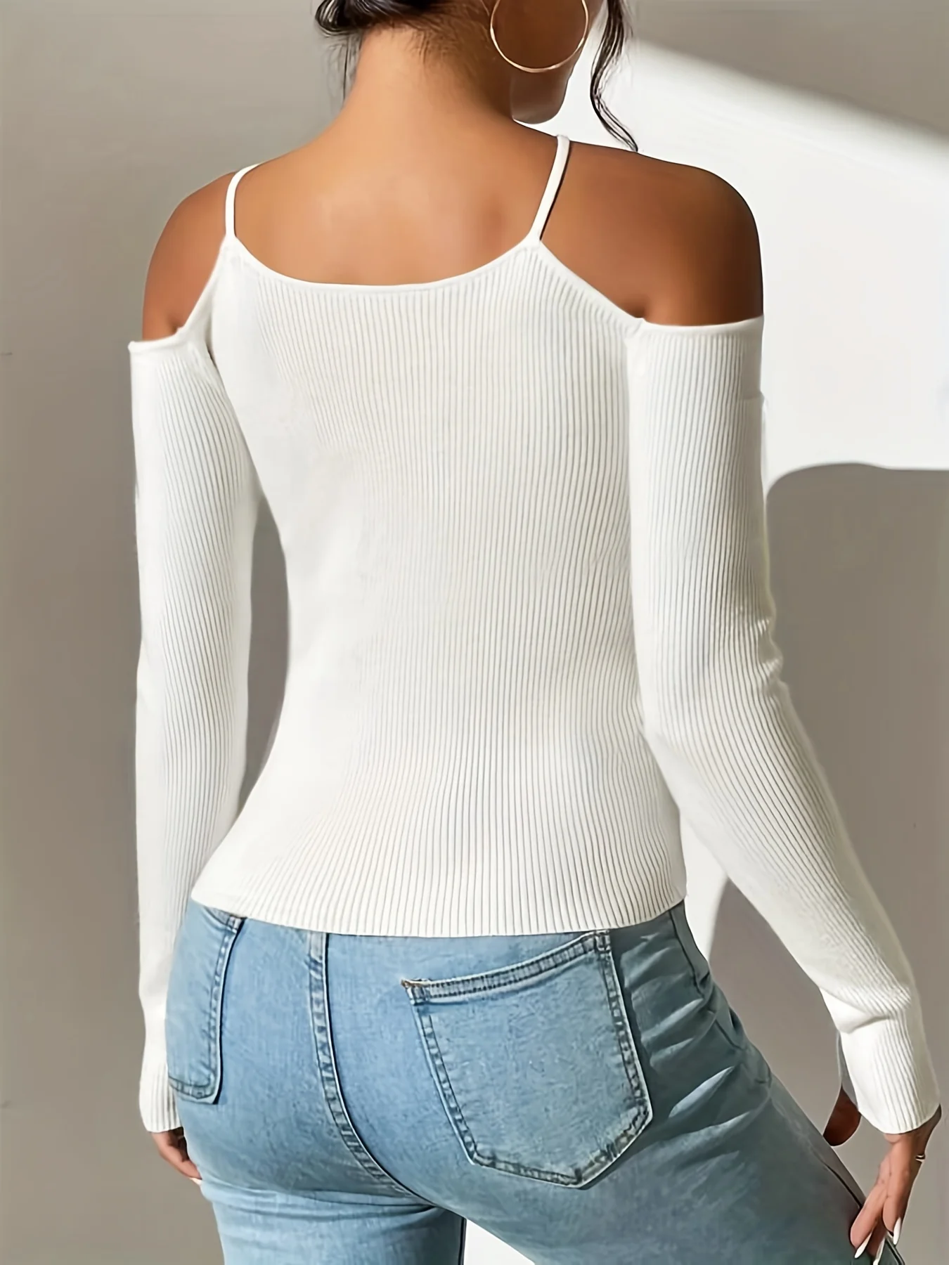 Ribbed Cold Shoulder Slim Sweater, Casual Long Sleeve Sweater For Spring & Fall, Women's Clothing - Deanwangkt
