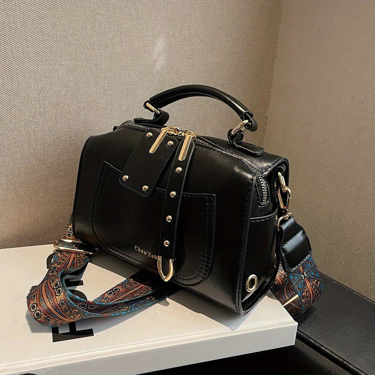 Retro Small Square Crossbody Bag - Ethnic Bohemian Top Handle Bag, Classic Women's Purse With Wide Strap - Deanwangkt