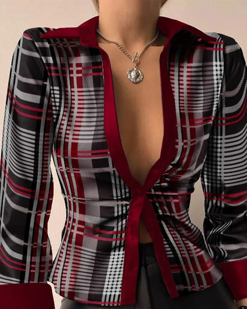 Deanwangkt - Plaid Print Long Sleeve Button-Up Shirt - Deanwangkt