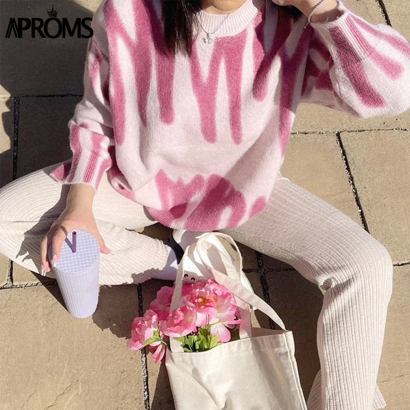 Christmas Gift Aproms Elegant Korean Fashion Rose Stripe Print Long Sweater Women Deanwangkt Winter Streetwear Pink Knitted Pullovers Loose Outerwear - Deanwangkt