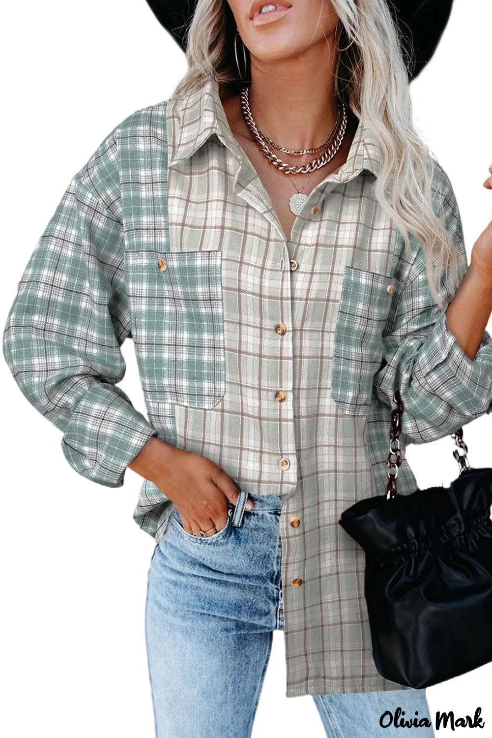 Deanwangkt - Pink Plaid Button Down Long Sleeve Shirt With Color Block Pocket - Deanwangkt