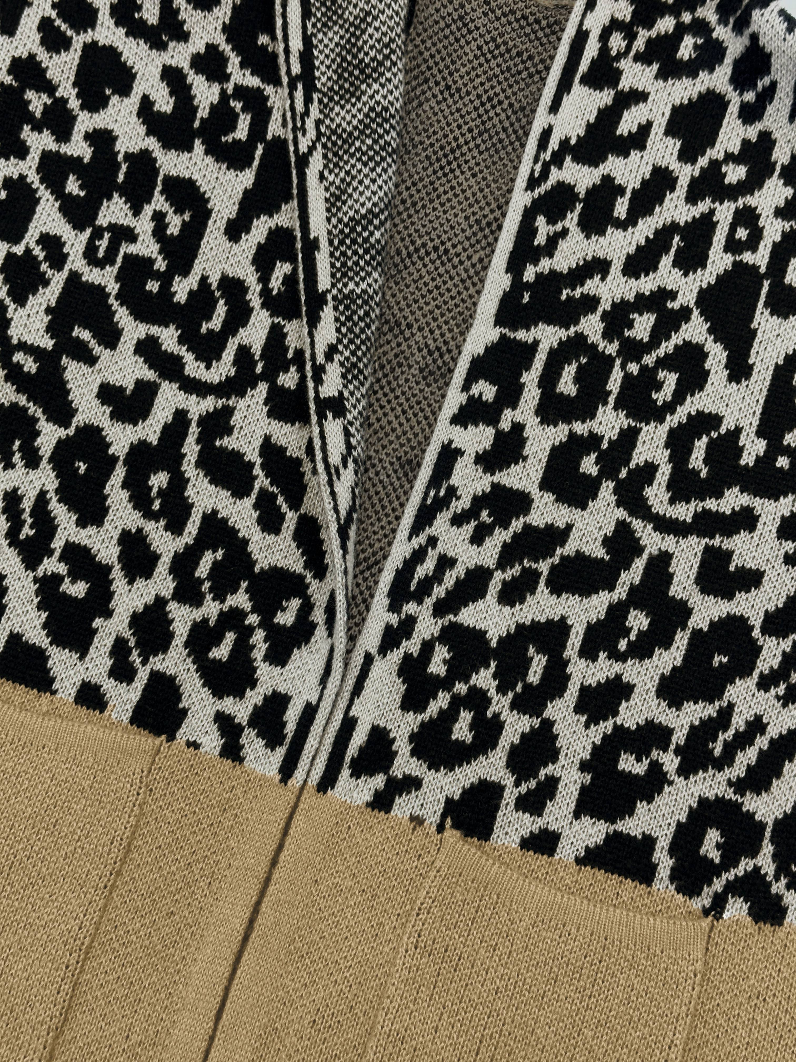 deanwangkt-1  Letter & Leopard Pattern Knit Hooded Cardigan, Casual Open Front Long Sleeve Outerwear With Pocket, Women's Clothing - Deanwangkt