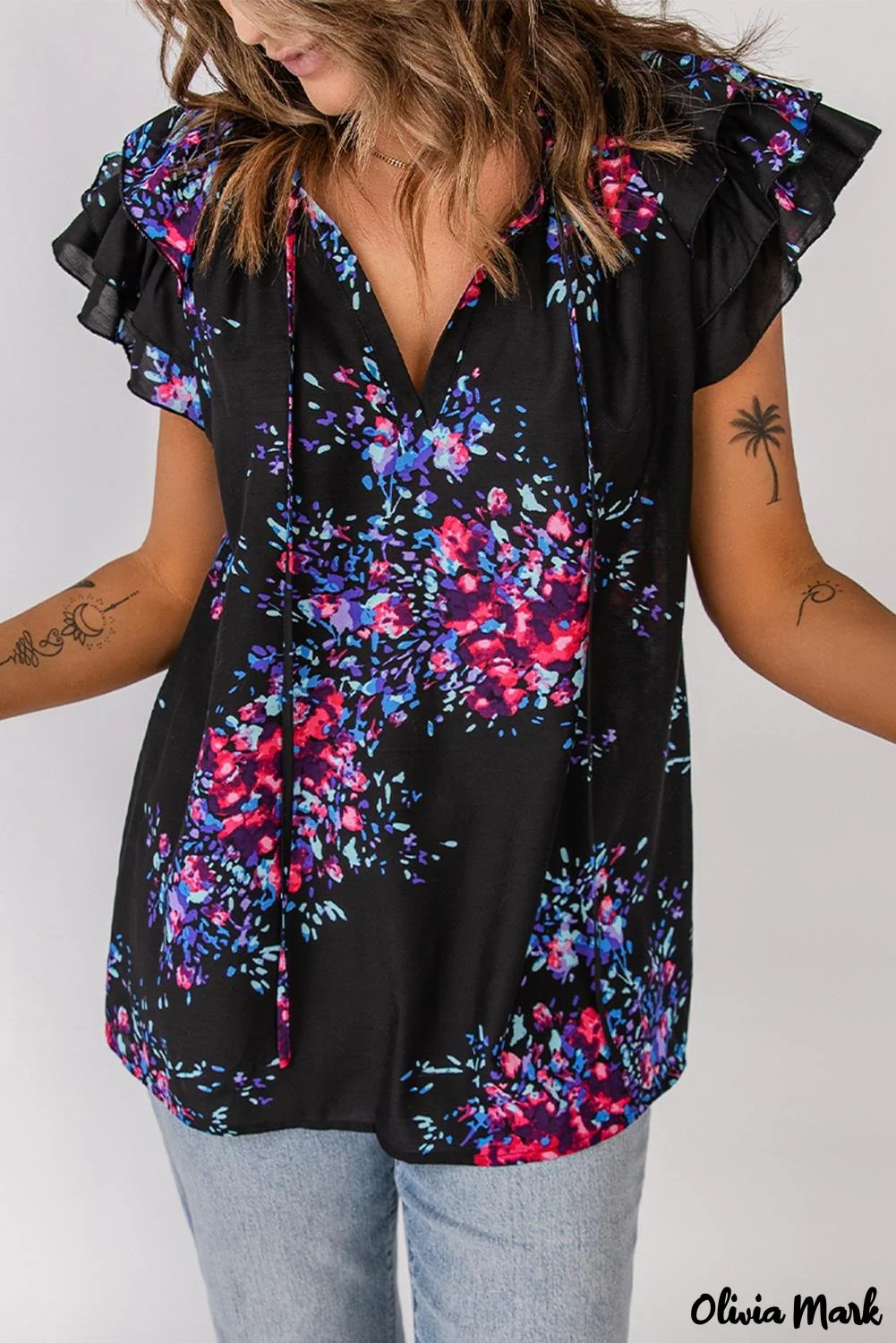 Deanwangkt - Black Tie-Dye Print Split V-Neck Butterfly Sleeve Blouse - Deanwangkt