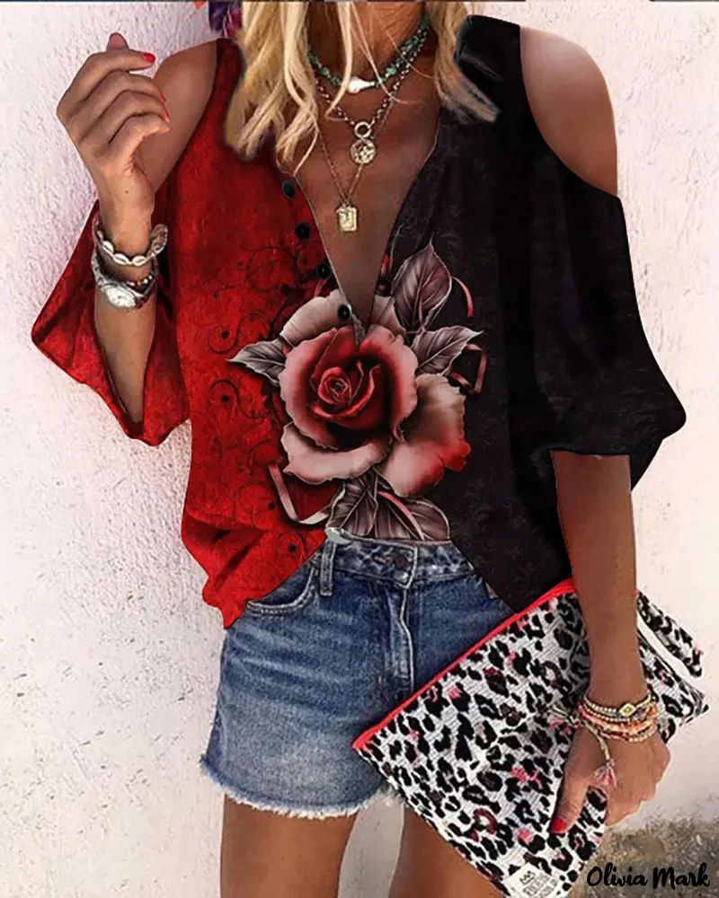 Deanwangkt - 3D Rose Print Button Cold Shoulder Front Lantern Sleeve Shirt - Deanwangkt
