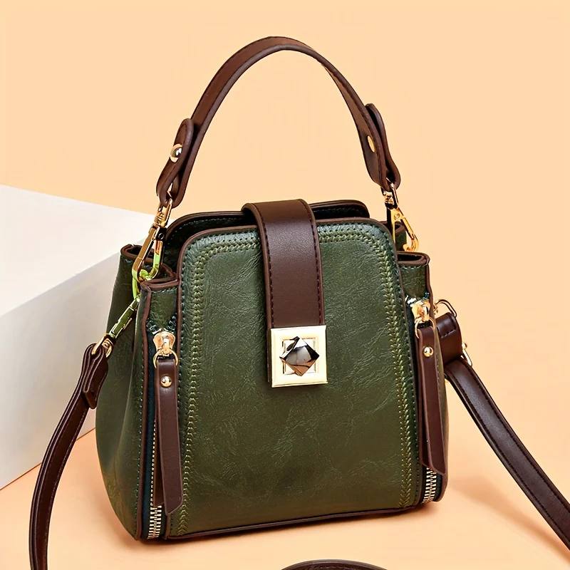 deanwangkt-1 Vintage Turn-Lock Small Shoulder Bag, Top Handle PU Leather Satchel Abg, Elegant Minimalist Purse For Women - Deanwangkt