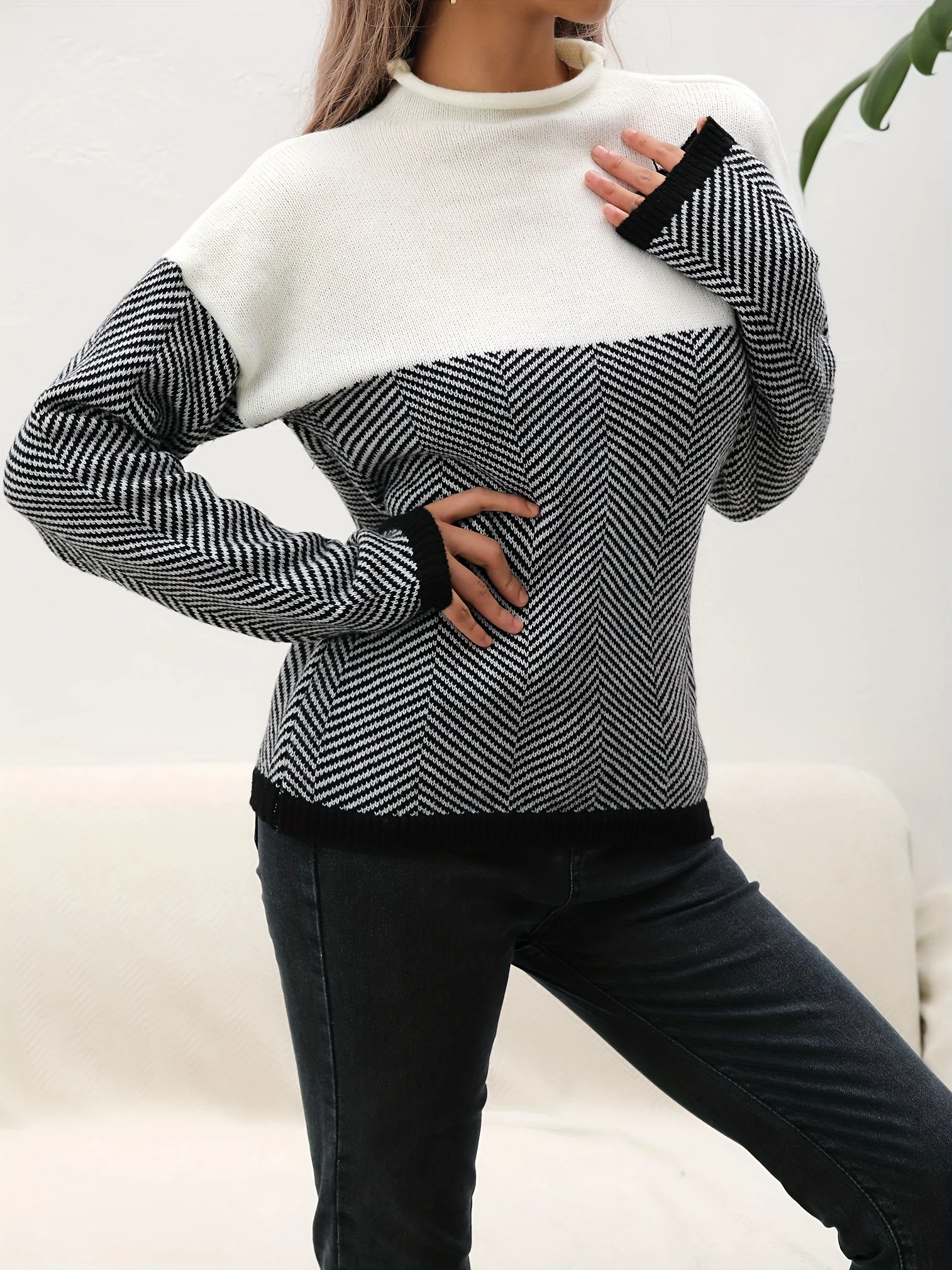 deanwangkt-1  Long Sleeve Elegant Loose Sweater, High Neck Casual Sweater For Winter & Fall, Women's Clothing - Deanwangkt