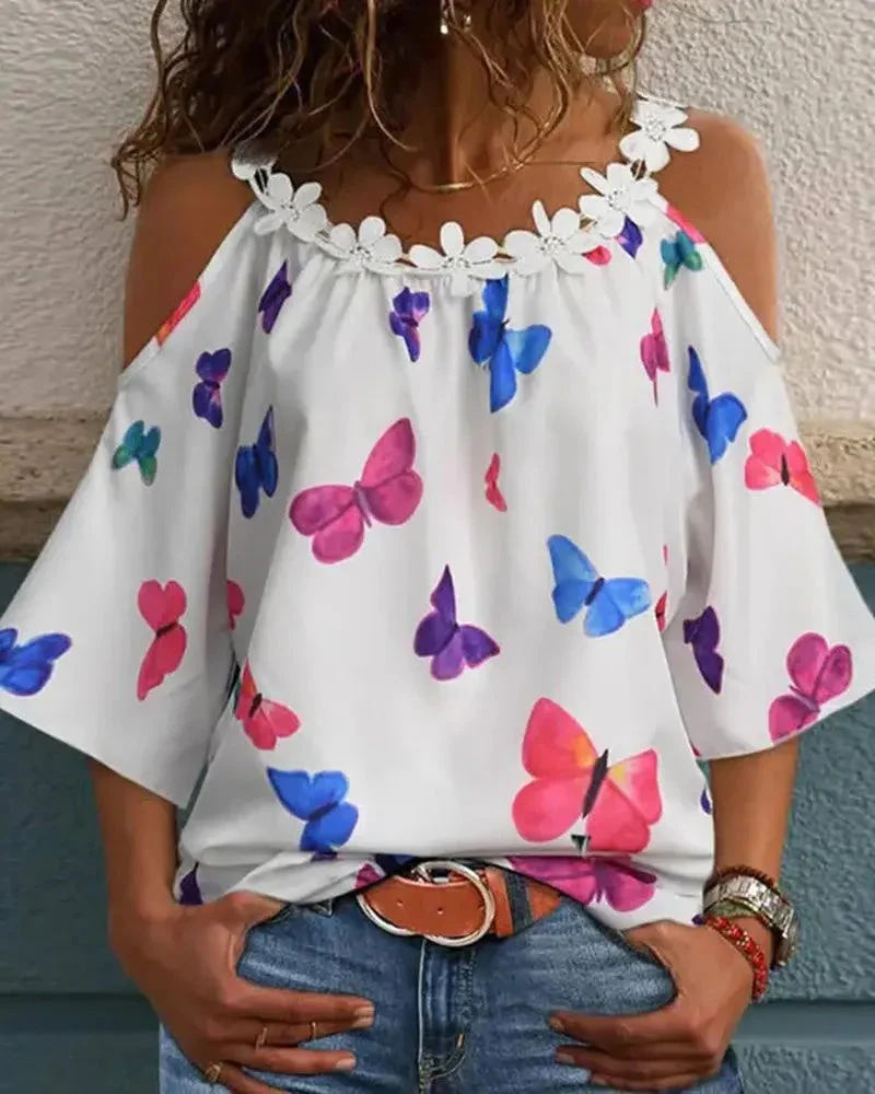 Deanwangkt - Floral Appliqué Butterfly Print Off-the-Shoulder Top - Deanwangkt