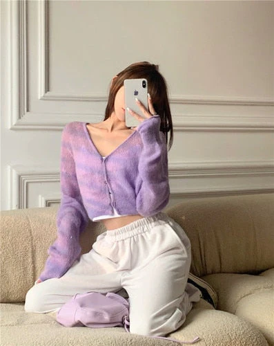 Back To School outfits Y2KV-Neck Soft Sweater Cardigan Jacket Thin Female Deanwangkt New Spring And Autumn Cashmere Mohair Short Slim Long Sleeve Jacket - Deanwangkt