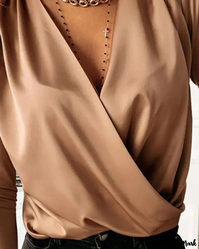 Deanwangkt - Plain Ruched Satin Long Sleeve Top - Deanwangkt