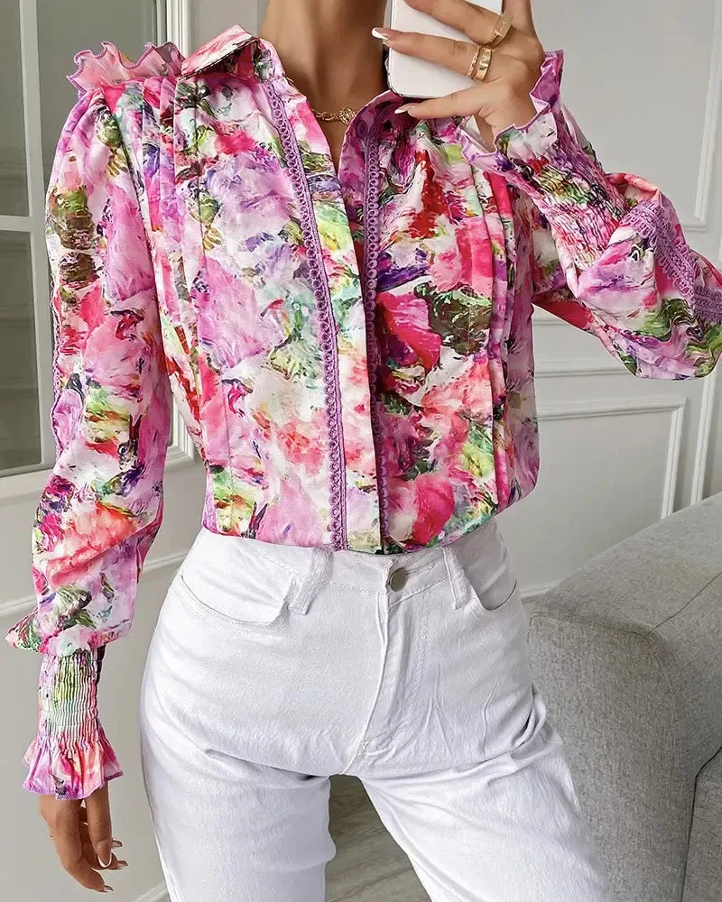 Deanwangkt - Contrast lace floral print top with lantern sleeves and ruffled hem - Deanwangkt