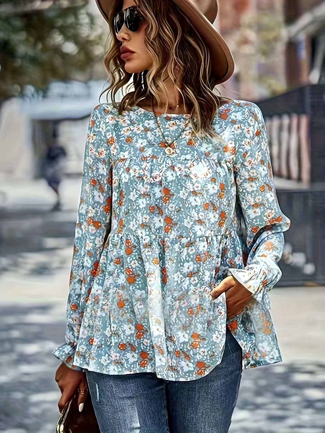 Floral Print Crew Neck Tiered Blouse, Casual Long Sleeve Blouse For Spring & Fall, Women's Clothing - Deanwangkt