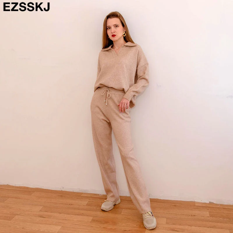 Christmas Gift 2 Pieces Set Women oversize Tracksuit polo collar Sweater Pullover straight pants Sweater Set CHIC Knitted Outwear sweater suit - Deanwangkt